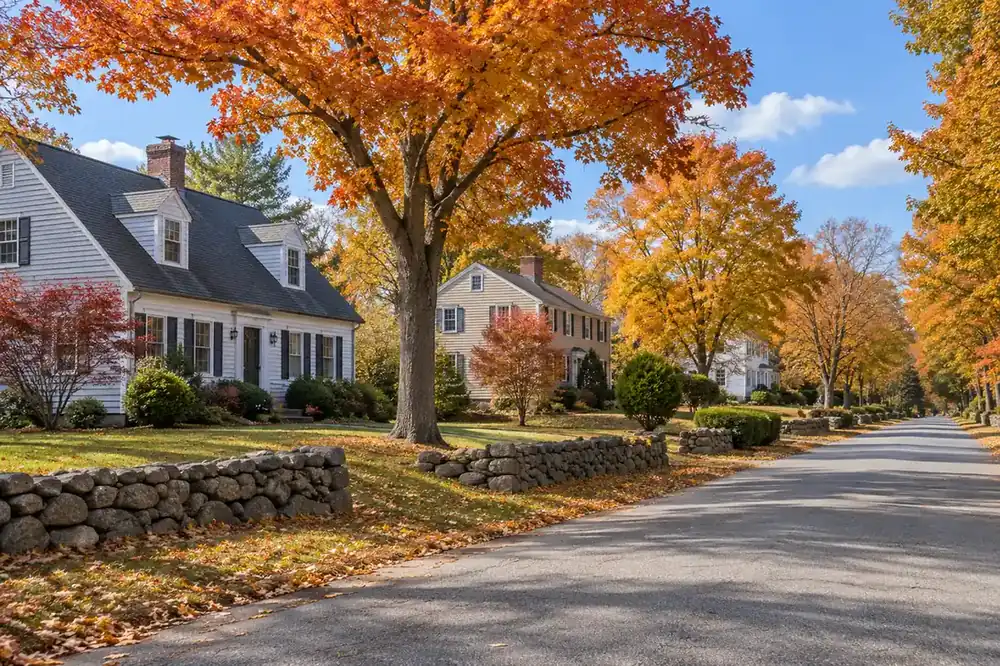 Clapboard houses, stone walls and orange autumn trees along a quiet residential street