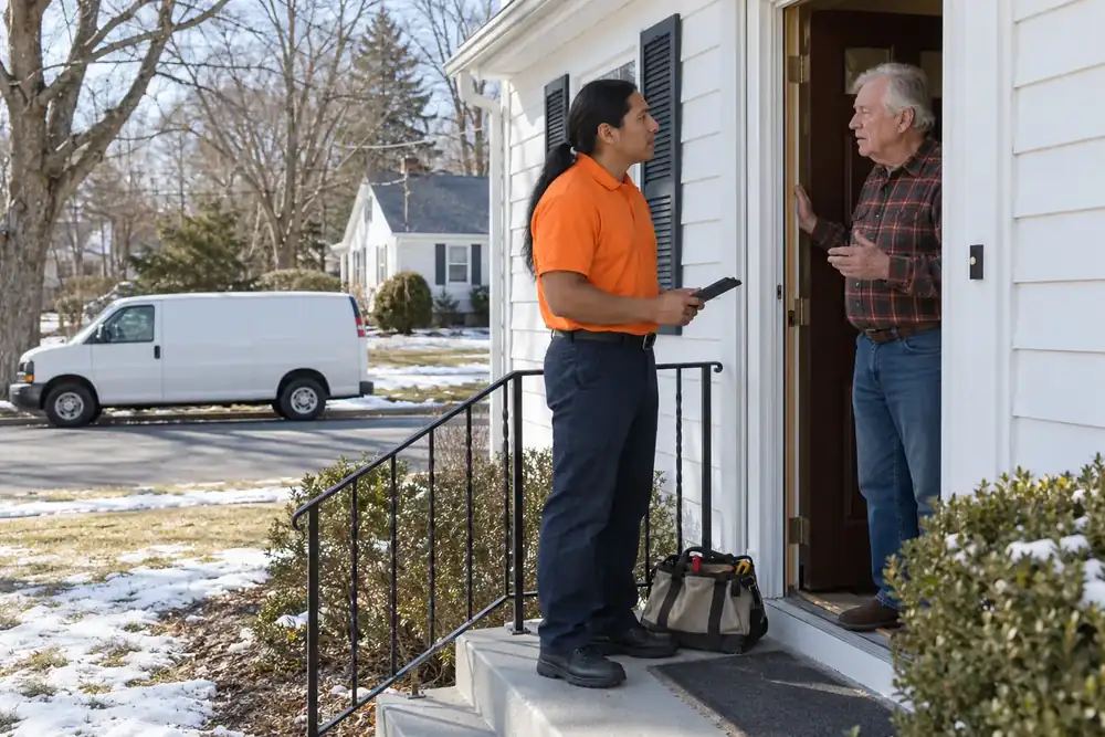 Technician with a tool bag talking to a homeowner at a white house's front door