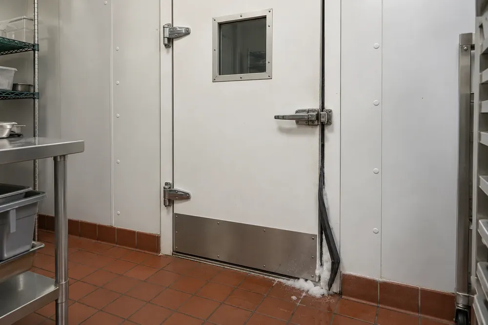 Walk-in freezer door with a torn black gasket hanging loose and frost piled at the threshold