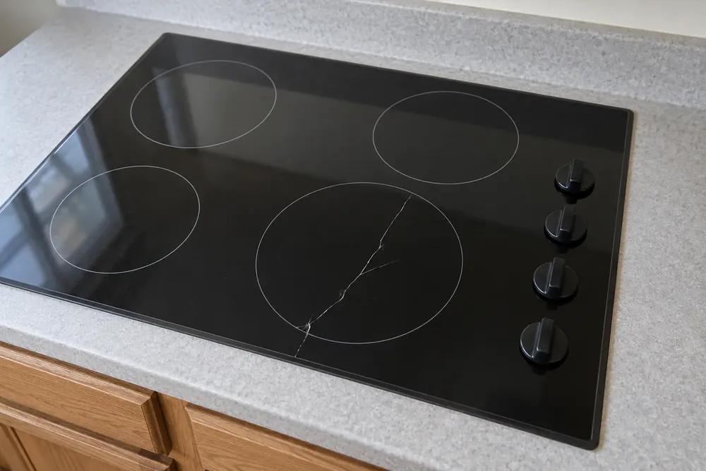 Black glass cooktop with a long crack across one burner zone
