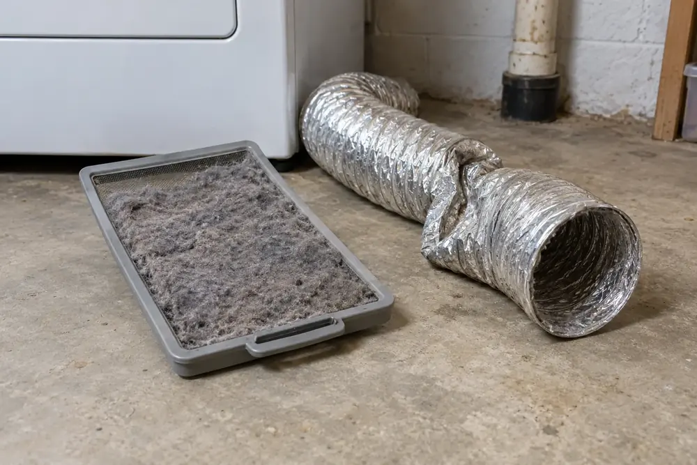 Lint-covered dryer screen beside a crushed foil vent duct on the laundry-room floor.