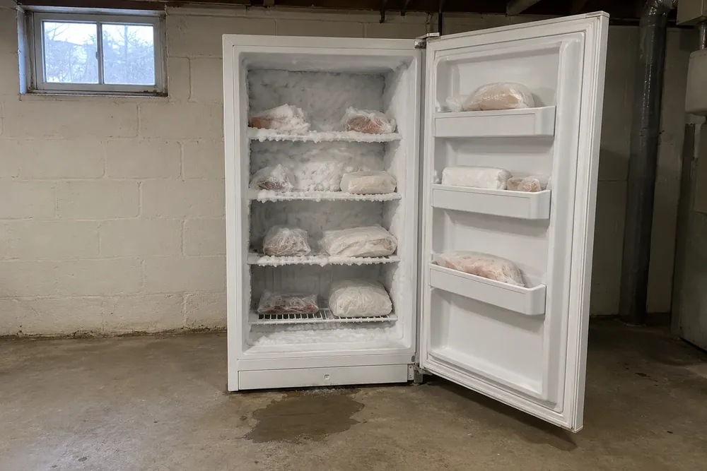 Open upright freezer with thick frost on its walls and shelves and a puddle on the floor