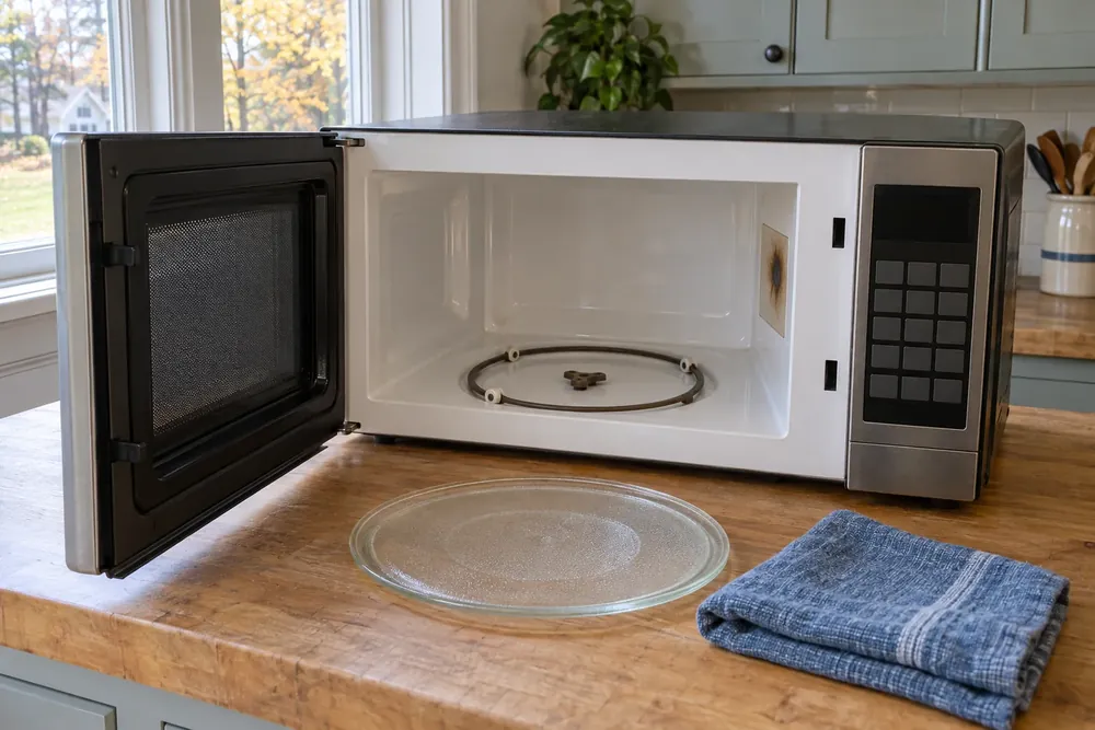 Microwave interior with a scorched waveguide cover and the turntable plate set aside