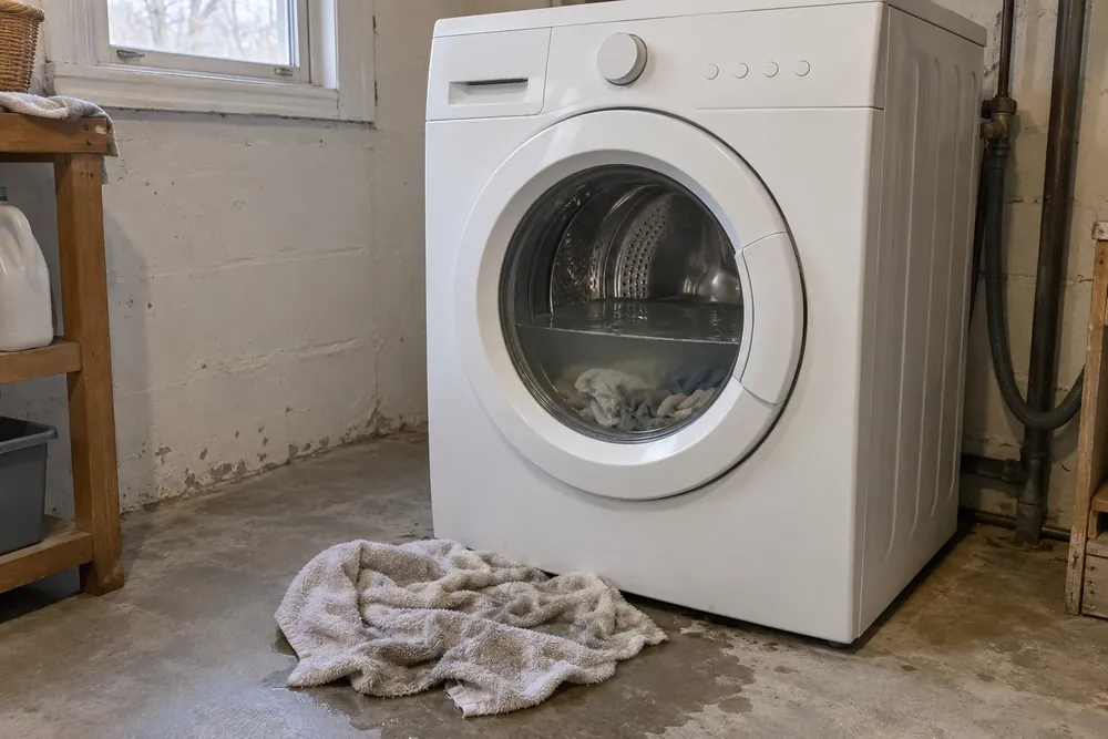 Water standing behind a front-load washer's glass door, with a damp towel on the floor.