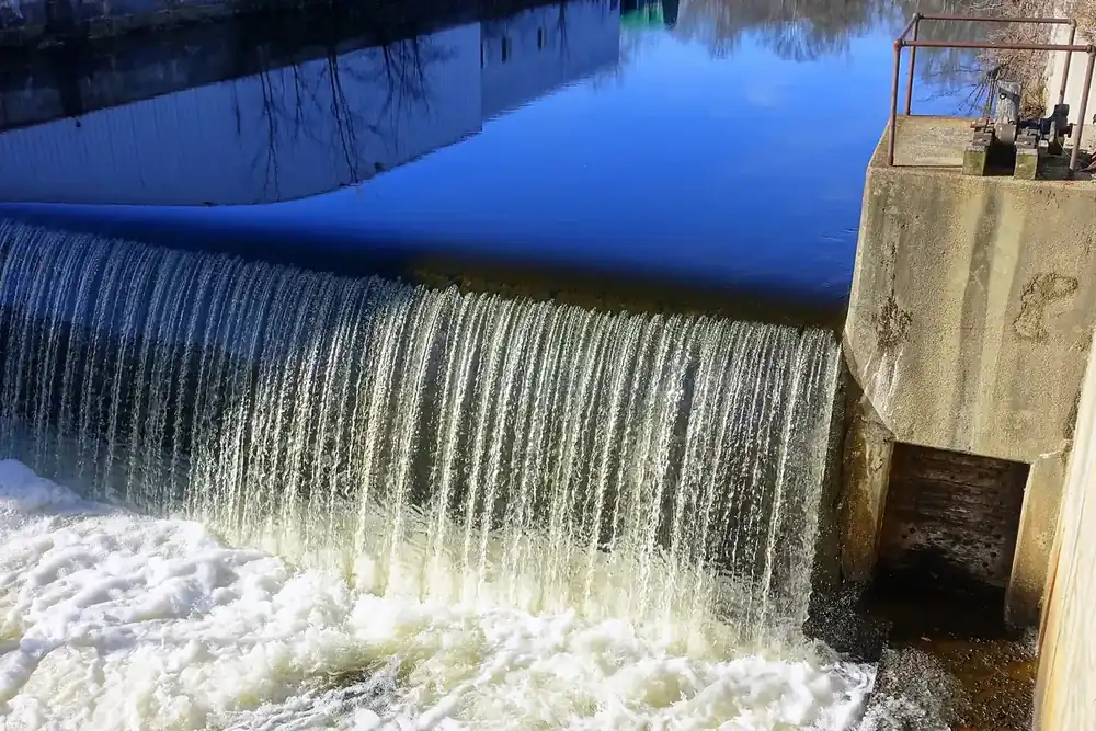 Water spilling over a dam on the Assabet River in Hudson, Massachusetts